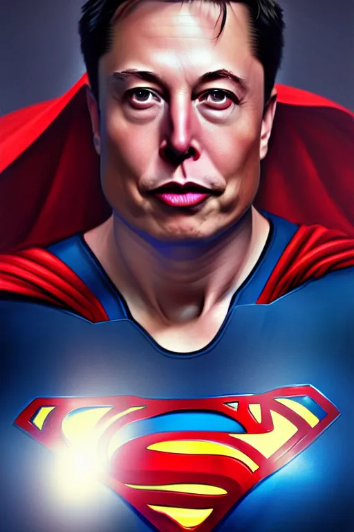 Image similar to elon musk as superman, realistic portrait, symmetrical, highly detailed, digital painting, artstation, concept art, smooth, sharp focus, illustration, cinematic lighting, art by artgerm and greg rutkowski and alphonse mucha