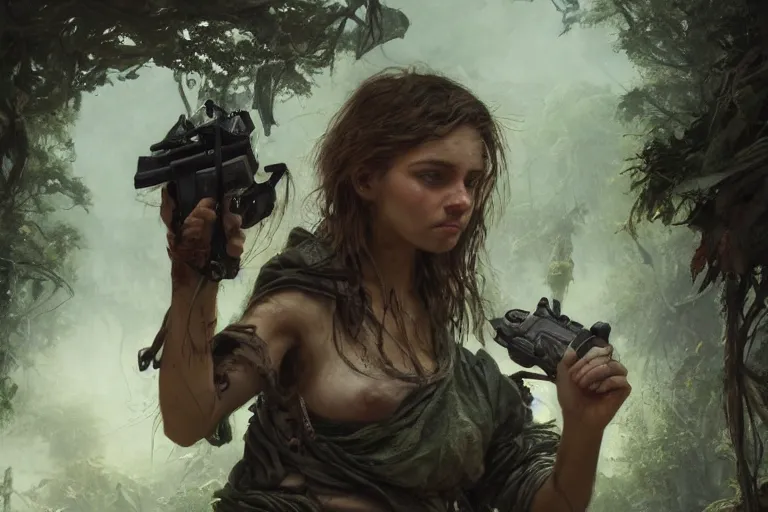 Image similar to artstation concept of a beautiful adventurous girl holding a machine pistol, sweaty skin, symmetrical face, high body detail, ripped up field fatigues, torn off shirt, jungle background with ruins, vines, hyperdetailed, artstation trending, world renowned artists, worth1000.com, cgsociety, by greg rutkowski, by Gustave Doré, by Marco Turini, by Artgerm, Deviantart in the style of Tom Bagshaw, Cedric Peyravernay, Peter Mohrbacher