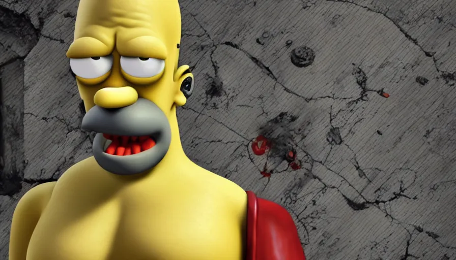 Prompt: Homer Simpson is the Nemesis in Resident Evil 3, hyperdetailed, artstation, cgsociety, 8k