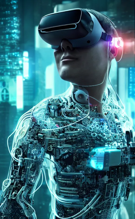 Prompt: a beautiful photo of a middle - aged bionic male cyborg, cyberpunk, circuit boards, electronic components, integrated vr headset, augmented vision, volumetric light, photography, dynamic lighting, color, intricate, extremely detailed, photorealistic, stunning, unreal engine 5