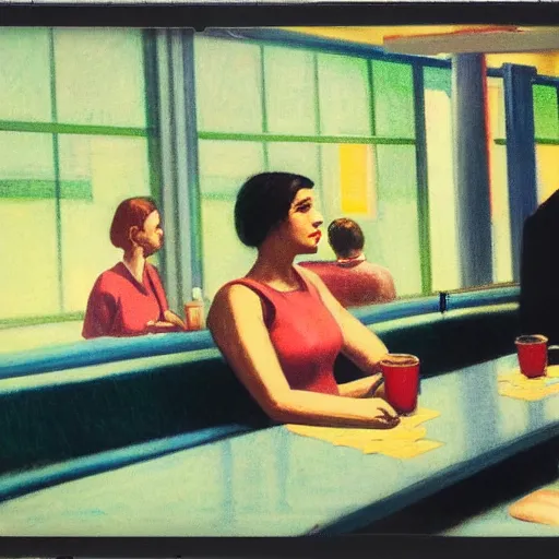 Image similar to a polaroid photo of people at a diner, Edward Hopper style, Nighthawks, detailed, hq, lens flare