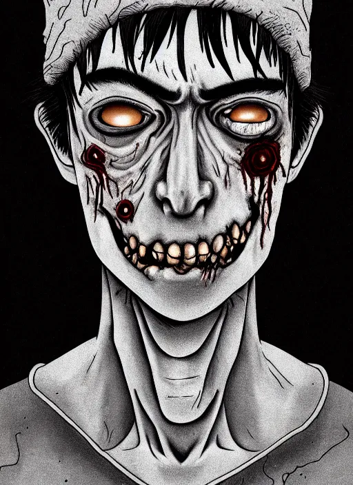 Image similar to junji ito style portrait of zombie teenage jughead jones wearing a light grey crown, photorealistic, zombie, crown, rotting skin, blind eyes, white eyes, crown, black hair, intricate, highly detailed, illustration, art by junji ito