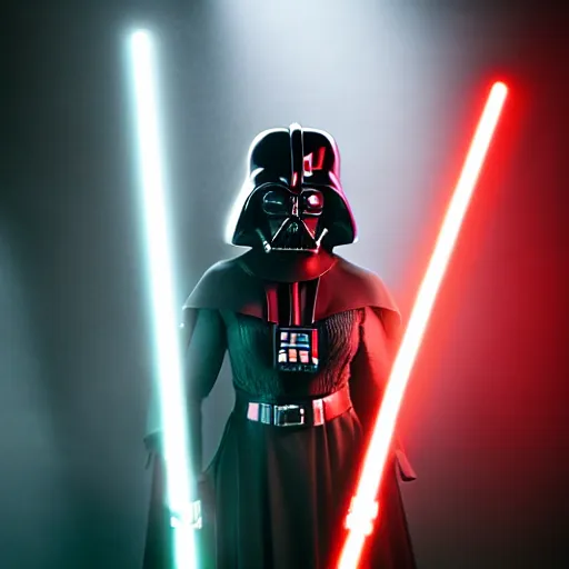 Image similar to Ariana Grande as Darth Vader, studio lighting, cinematic, red lightsaber, glowing, cute