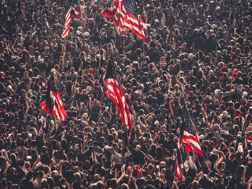 Prompt: photograph of liberty leading the people holding a black flag, hd, hdr, cinematic, 8k, ultra detailed, high resolution