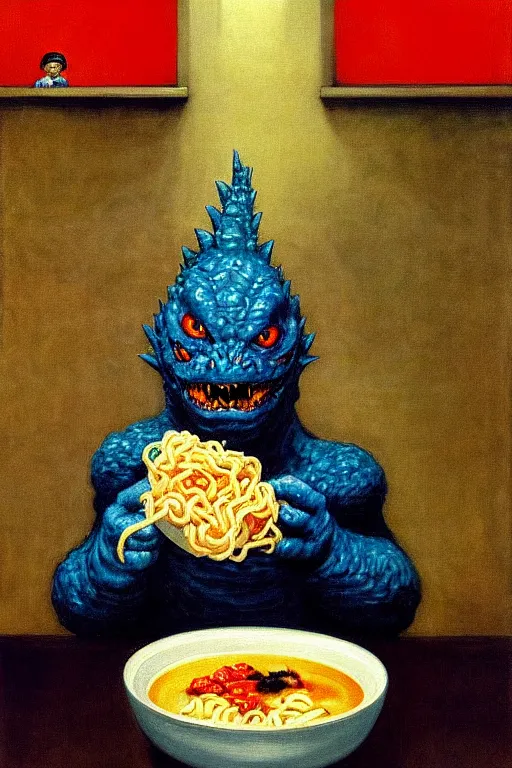 Image similar to evil human giant baby godzilla eating a huge bowl of ramen in new york city, hauntingly surreal, highly detailed painting by francis bacon, edward hopper, adrian ghenie, gerhard richter, and james jean soft light 4 k,