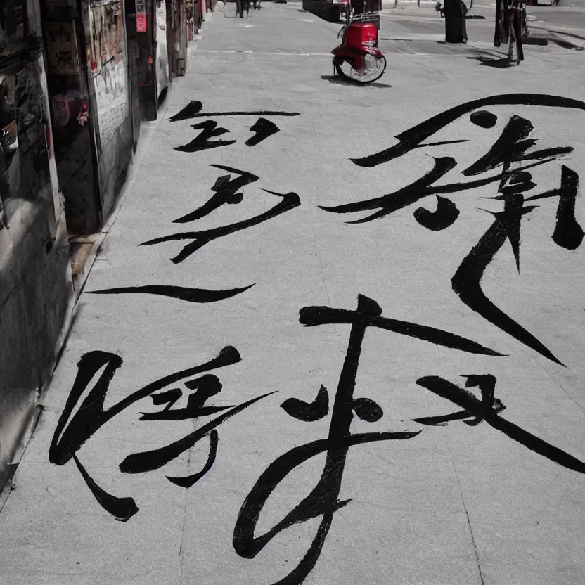 Image similar to a beautiful calligraphic kanji painted on the street, akira style, hyper realistic, natural light