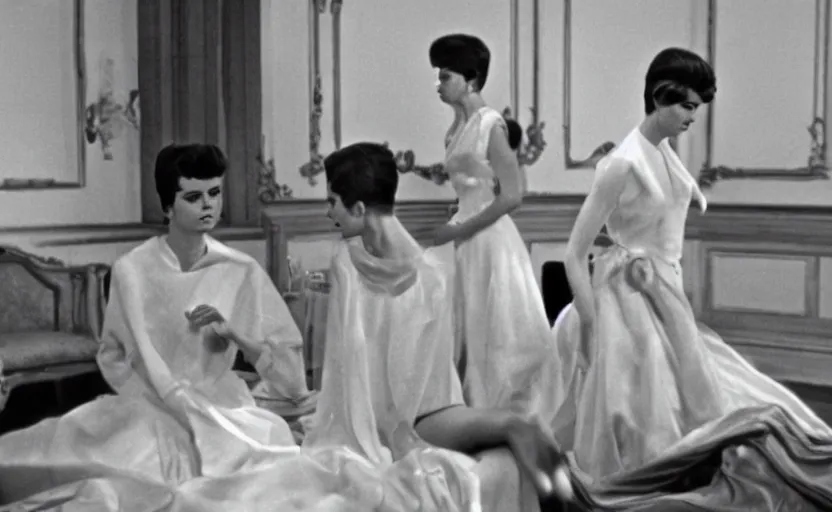 Image similar to a still from last year in marienbad ( 1 9 6 1 ), sharp, very detailed, great quality, french new wave cinema,