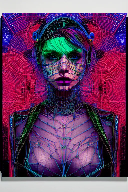 Image similar to dreamy cyberpunk girl, neon leather, detailed acrylic, wireframe fractals, intricate complexity, by dan mumford and by alberto giacometti, peter lindbergh