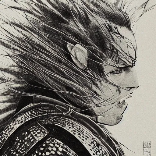 Prompt: Yoshitaka Amano realistic illustration of jessie pinkman ,hair fluttering in the wind, cracks on her face wearing Elden ring armour with engraving, abstract black and white patterns on the background, noisy film grain effect, highly detailed, Renaissance oil painting, weird portrait angle, blurred lost edges, three quarter view