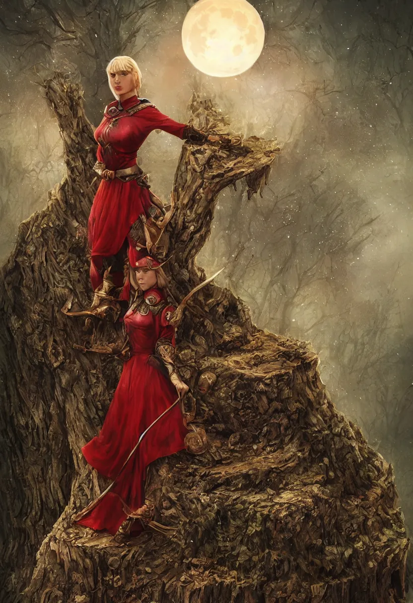 Prompt: a blonde medieval female soldier standing on a short treestump, red lunar eclipse, detailed, fantasy, in the style of Anna Podedworna, Bryan Sola, Bartlomiej Gawel, Bogna Gawrońska, Ástor Alexander, Bogdan Rezunenko, Gwent, epic composition, red background