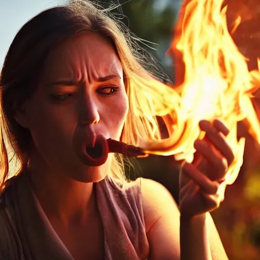 Prompt: photo of a woman blowing fire out of his mouth, movie scene, very real, astonishing, with fire effect