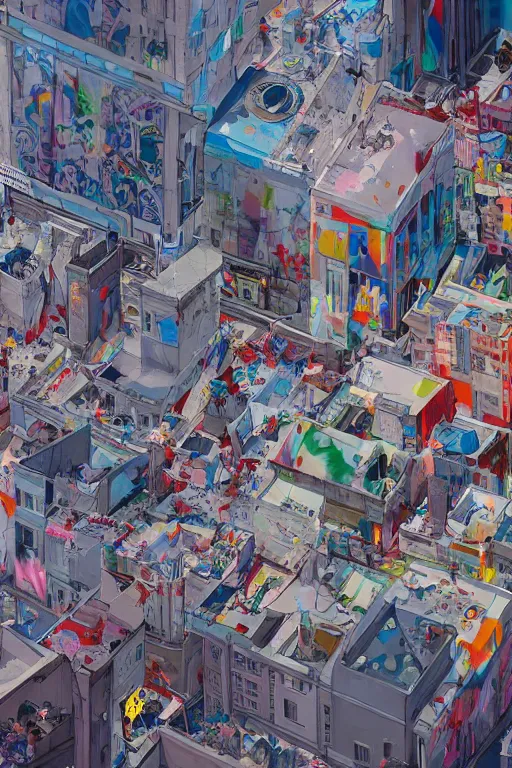 Prompt: people in a busy city people looking at a white building covered with a 3d graffiti mural with paint dripping down to the floor, professional illustration by james jean, painterly, yoshitaka Amano, hiroshi yoshida, moebius, loish, painterly, and artgerm, illustration