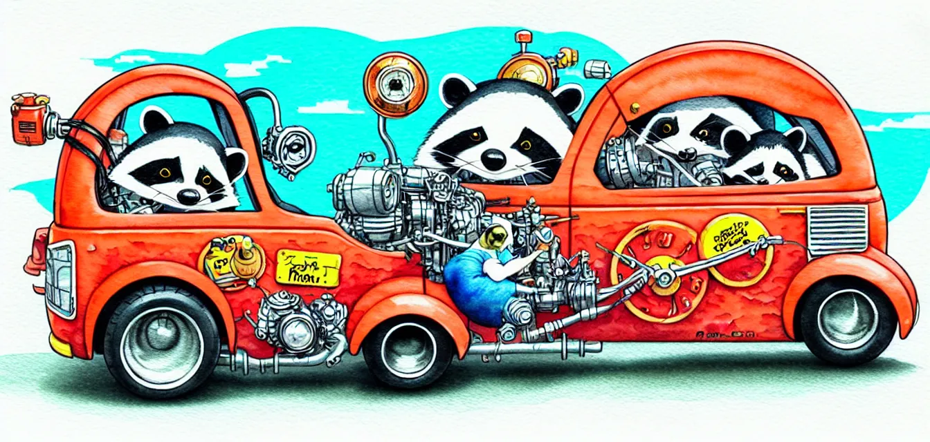 Image similar to cute and funny, racoon riding in a tiny hot rod with oversized engine, ratfink style by ed roth, centered award winning watercolor pen illustration, isometric illustration by chihiro iwasaki, edited by range murata, tiny details by artgerm and watercolor girl, symmetrically isometrically centered