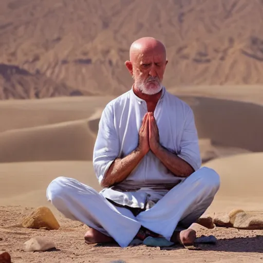 Prompt: mike ehrmantraut meditating in the desert