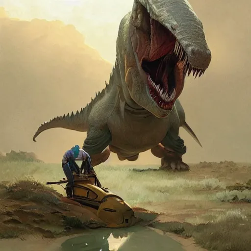 Image similar to sad dinosaur is harnessed to plow, highly detailed, digital painting, artstation, concept art, smooth, sharp focus, illustration, cinematic lighting, art by artgerm and greg rutkowski and alphonse mucha