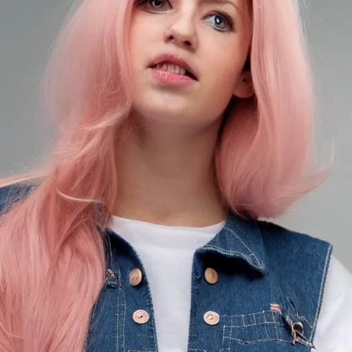 Image similar to beautiful woman with long blonde hair wearing dungarees and a light pink shirt, still, photograph, highly detailed