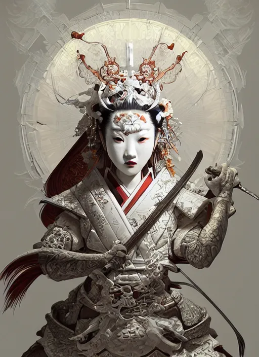 Image similar to subsurface scattering, white, koi, female samurai deity with filigree ivory armor, by jesper ejsing, james jean, justin gerard, tomasz alen kopera, cgsociety and fenghua zhong, highly detailed, rim light, cinematic lighting, illustration, art, octane render, very coherent, cinematic, hyper realism, high detail, 8 k