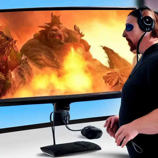 Prompt: obese Christian Bale wojack wearing a headset yelling at his monitor while playing WoW highly detailed wide angle lens 10:9 aspect ration award winning photography