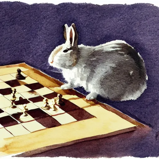 Image similar to first person view, playing chess against a rabbit, watercolour realism