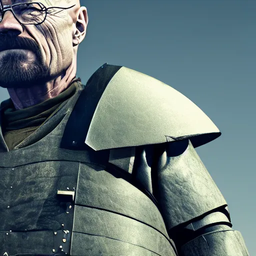 Image similar to Walter White wearing heavy military armor with a shield, highly detailed, 8k octane render