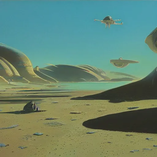 Image similar to golden shores on an alien planet, sci - fi, daylight, blue sky, syd mead, john harris