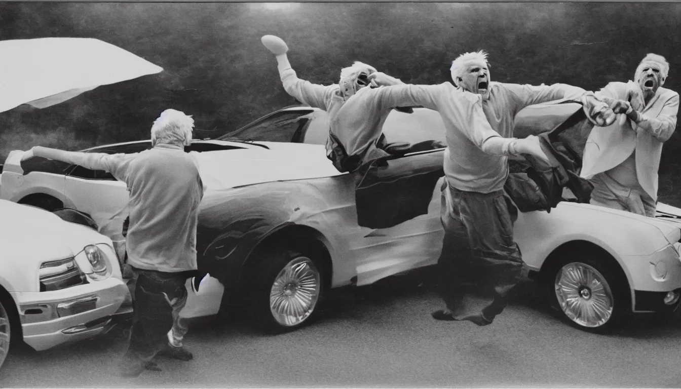 Prompt: old, scratched polaroid picture of old white haired man yelling and throwing hands at chrysler 3 0 0 c very detailed, 8 k