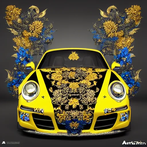 Image similar to black blue yellow porsche 9 1 1, complicated gold and blue flowers the baroque style decoration, dark fantasy, intricate, elegant, highly detailed, digital painting, artstation, concept art, matte, 3 d 8 k octane rendered, sharp focus, illustration, octane rendered, art by artgerm