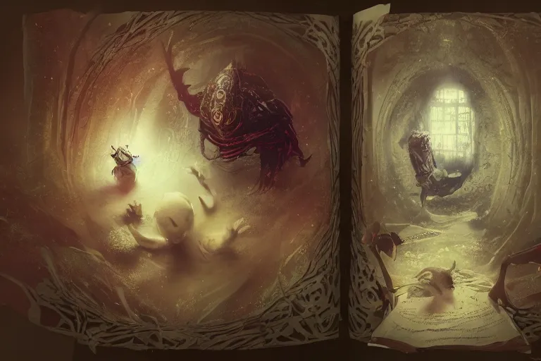 Image similar to Pages of a book with strange and mystical creatures scary and dangerous, concept art, inspired by Reylia Slaby, Guillermo del Toro, trending on artstation, volumetric lighting, intricate, ornate, CGsociety