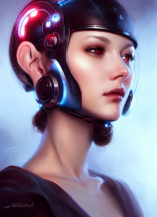 Prompt: a beautiful woman wearing a cybernetic headset, ears covered, painted by artgerm and tom bagshaw, fantasy art, dramatic lighting, highly detailed oil painting