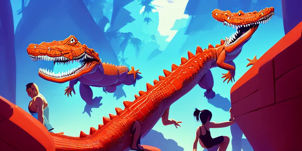 Image similar to hyper detailed ultra sharp of cartoon red alligators working out at the gym. behance hd by jesper ejsing, by rhads, makoto shinkai and lois van baarle, ilya kuvshinov, rossdraws radiating a glowing aura global illumination ray tracing hdr, 8 k