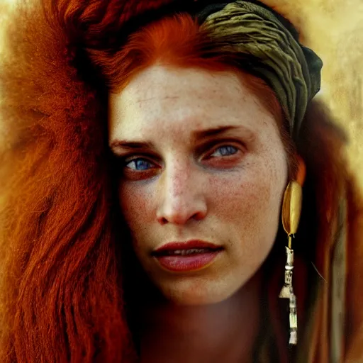 Image similar to Extremely detailed photo realistic matte portrait painting of winking Century Barbary Coast pirate Woman with Ginger hair and Golden hooped earrings photography by Annie Leibovitz, and Steve McCurry