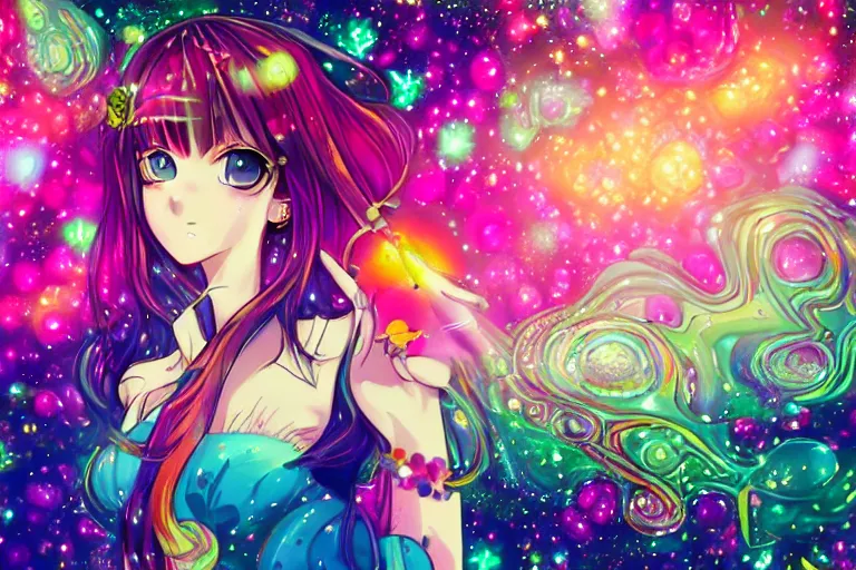 Image similar to psychedelic, full body picture, whimsical, anime, 4k, beautiful lusty woman smoking a bong, with professional makeup, long trippy hair, a crystal and flower dress, sitting in a reflective pool, surrounded by gems, underneath the stars, rainbow fireflies, trending on patreon, deviantart, twitter, artstation, volumetric lighting, heavy contrast, art style of Ross Tran and Miho Hirano and Ilya Kuvshinov