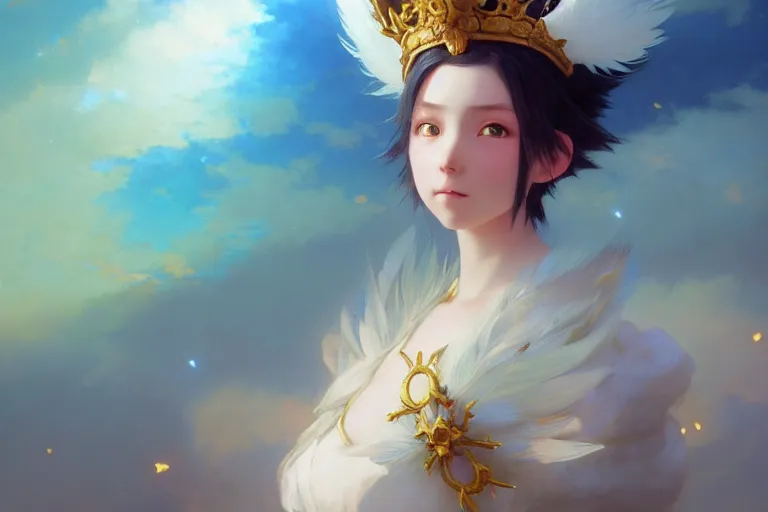 Image similar to Anime Portrait of magical girl, wearing crown of bright feathers, painting by Ivan Aivazovsky and Greg Rutkowski, artstation, fantasy, intricate, beautiful, cinematic, octane render, arnold render, 8k, hyper realism, detailed, sharp focus, 4k uhd, masterpiece, award winning