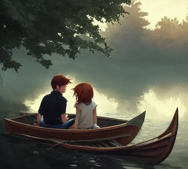 Image similar to a boy and a girl with long flowing auburn hair sitting together on the rowboat. Boy has black short hair, boy has black short hair. Atmospheric lighting, long shot, romantic, boy and girl are the focus, trees, river. details, sharp focus, illustration, by Jordan Grimmer and greg rutkowski, Trending artstation, pixiv, digital art