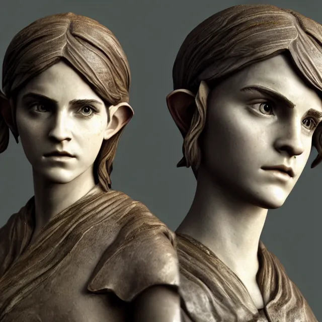 Image similar to marble sculpture of emma watson as an elf warrior, realistic, unreal engine render, octane render, hyper realistic, photo, 8 k, cinematic lighting