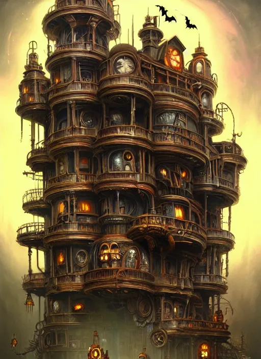 Image similar to hyper detailed ultra sharp of a steampunk sci - fi haunted halloween megastructure house trending on artstation, warpaint aesthetic, earthwave, colorful, psychedelic, ornate, intricate, digital painting, concept art, smooth, sharp focus, illustration, art by artgerm and greg rutkowski and h. r. giger, 8 k