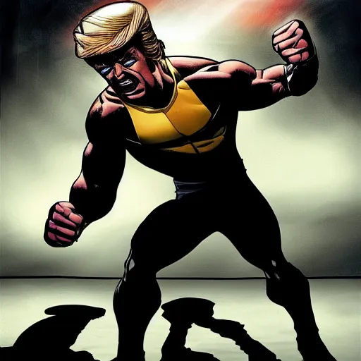 Image similar to wolverine fighting fist fighting a midget donald trump cinematic