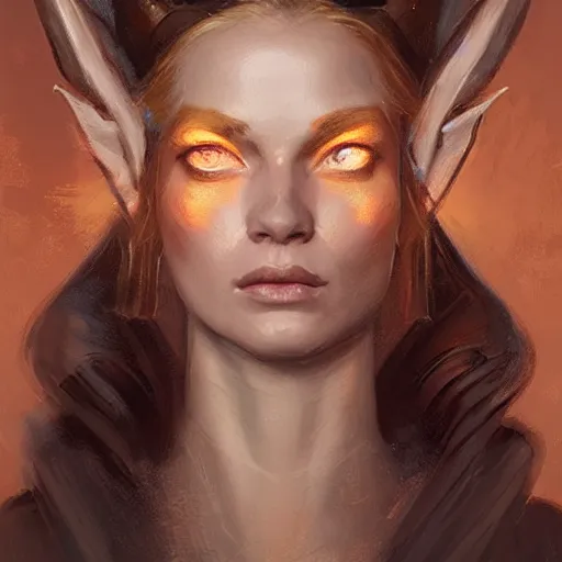 Prompt: A head-on, symmetrical detailed oil portrait of an elf woman with small horns of copper wearing a simple white robe, by greg rutkowski, trending on artstation, dungeon and dragons art