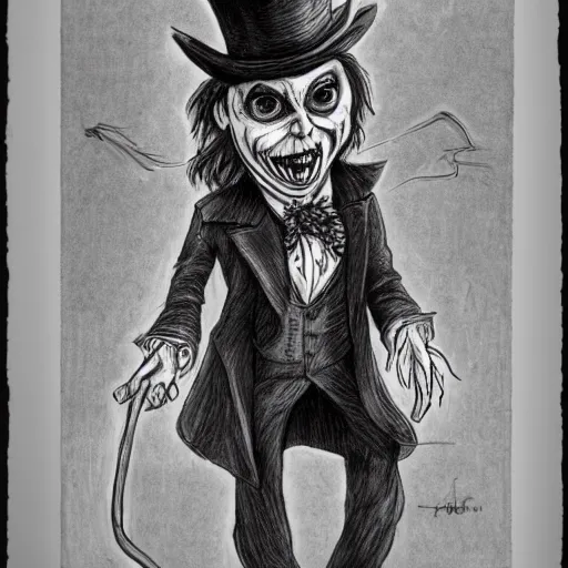 Image similar to a Pop Wonder scary horror themed goofy-hilarious-character Mad-Hatter-babadook-wearing a scarf, 3-piece-suit, dime-store-comic drawn with charcoal and pen and ink, half-tone-line-stacking