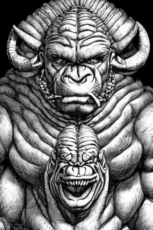 Image similar to humanoid hunched figure troll with 1 horn, ogre, ape, highly detailed, digital art, sharp focus, trending on art station, kentaro miura manga art style