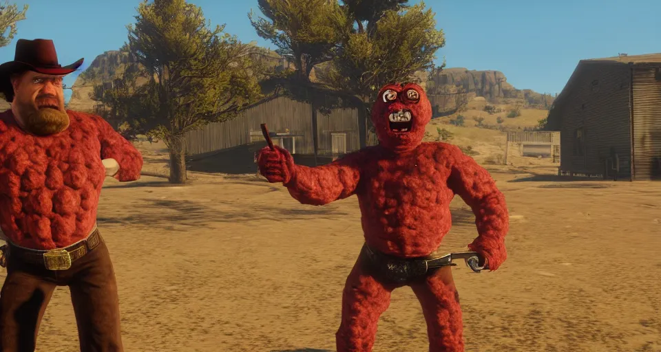 Image similar to Screenshot of Meatwad from Aqua Teen Hunger Force as a 3d cowboy in full cowboy attire in the videogame 'Red Dead Redemption 2'. Sharpened. 1080p. High-res. Ultra graphical settings.