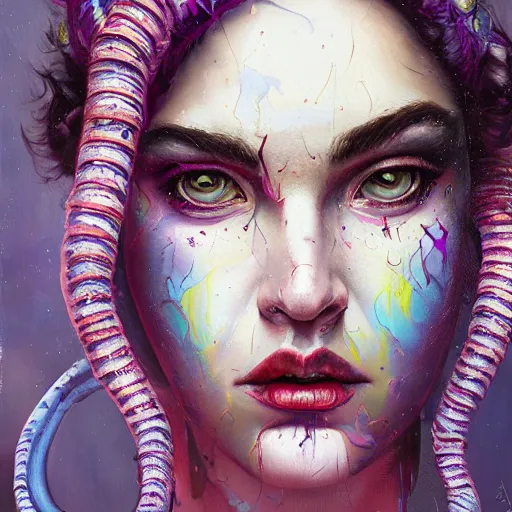 Image similar to art portrait of a furious girl with purple tentacles on her head, 8 k, by tristan eaton, stanley artgermm, tom bagshaw, greg rutkowski, carne griffiths, trending on deviantart, face enhance, hyper detailed, full of colour,