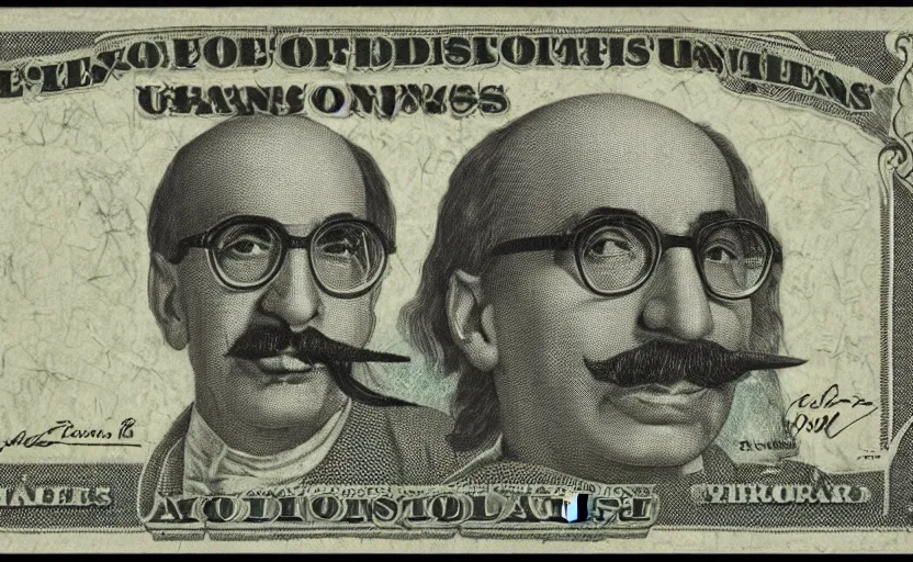 Prompt: rectangular photograph of three dollar u. s. currency note featuring groucho marx