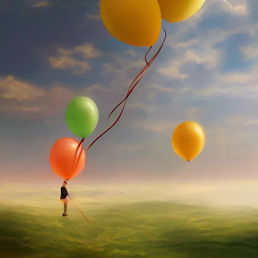 Image similar to plenty of floating birthday balloons. beautiful countryside. digital art, highly - detailed, artstation cgsociety masterpiece