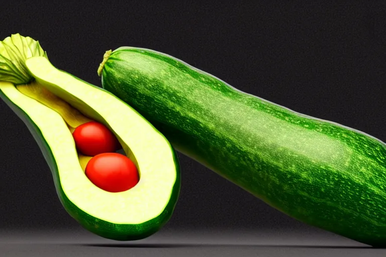 Image similar to detailed 3 d render of a mad zucchini with a long sword chasing after a panicking tomato, hyper realistic octane render, dramatic lighting, high speed chase, wide angle, nightmare, adult pixar surrealism