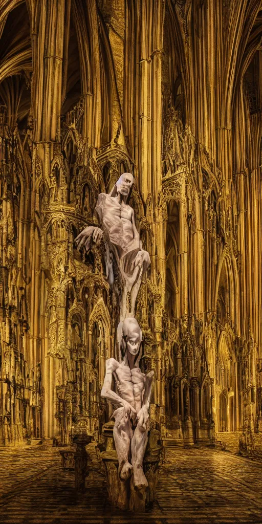 Prompt: a tall pale humanoid being sitting upon an ornate stone throne, 4K, digital art, horror, dramatic, wearing a long yellow rotting garment, dark, hyperrealistic, perspective, complex (((dark))) cathedral background with volumetric lights coming in through cathedral windows, dark background, highlights,