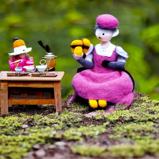 Image similar to an anthropomorphic stop motion little worker bee having a tea party with another worker at the entrance of their hive while on break, both are wearing victorian dresses, photography, felt, plush, yarn, high resolution, photorealistic, national geographic