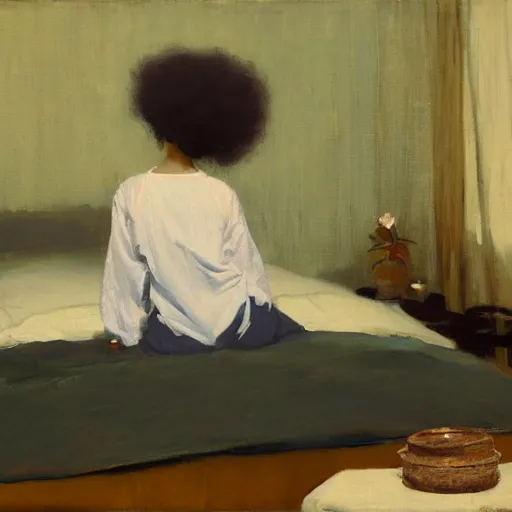 Image similar to girl with afro, in kimono, backview, sitting on edge of bed, by jeremy lipking, tim rees, joseph todorovitch