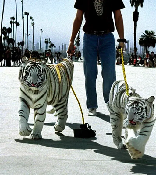 Prompt: celebrity walking his pet white tiger on a chain down Venice beach, muscle beach in 1998