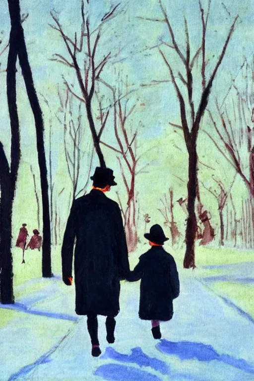 Prompt: a very tall man with dark hair holding the hands of a short young boy as they walk in a park on a bright beautiful winter day. part in the style of an edgar degas painting. part in the style of david hockney. triadic color scheme